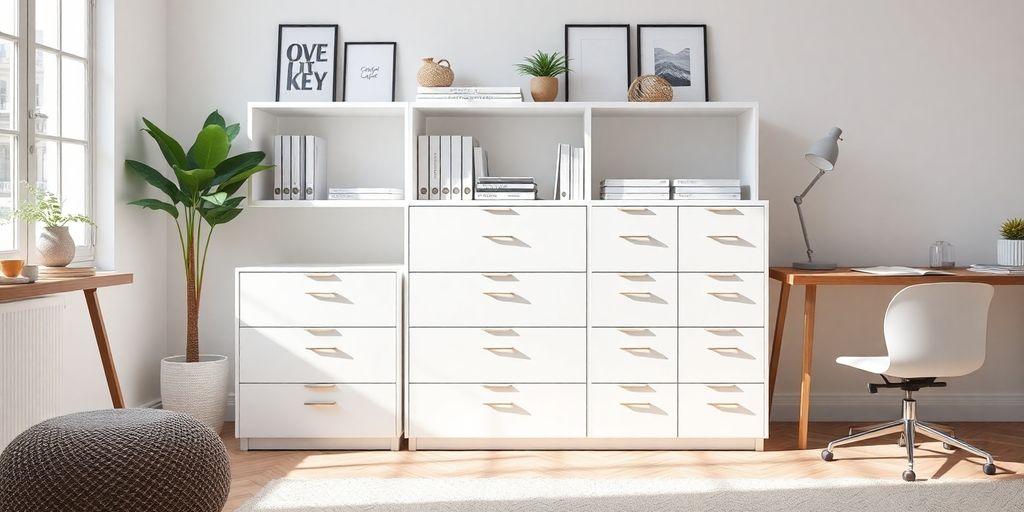 Modern white filing cabinet in a stylish home office.