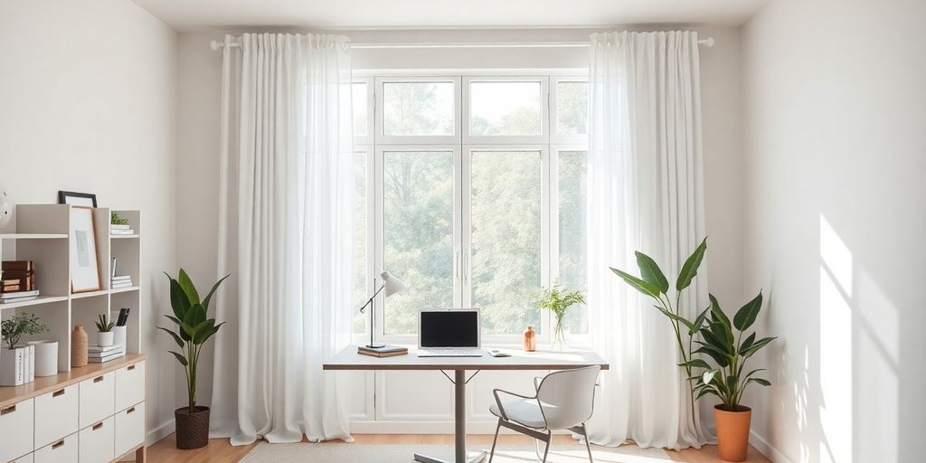 Modern home office with white curtains and natural light.