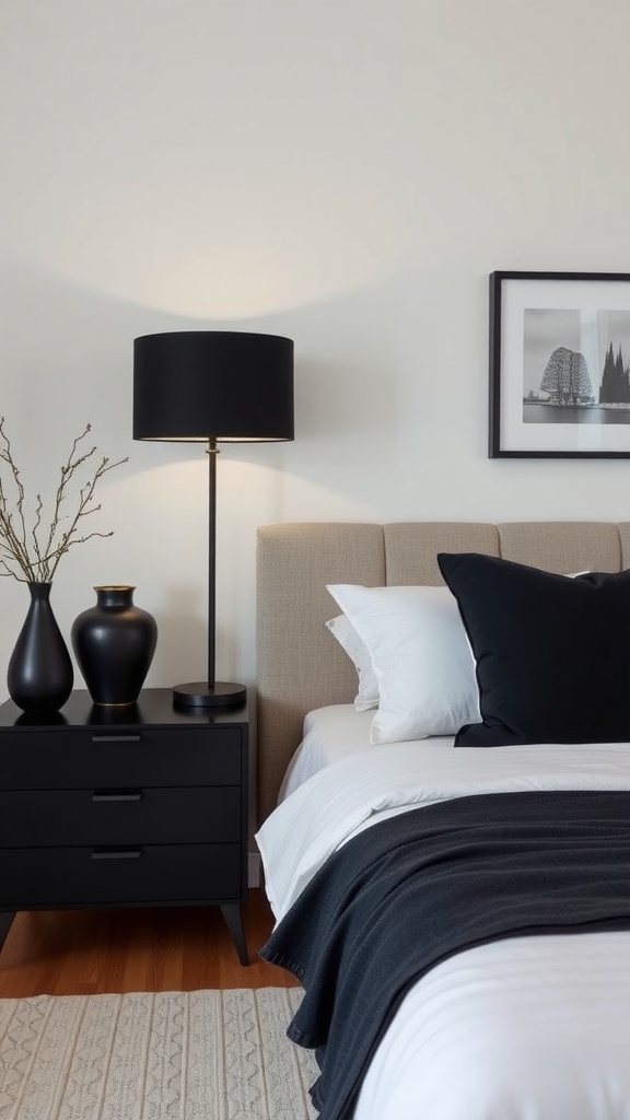 A cozy bedroom featuring a matte black bedside table, a black lamp, decorative black vases, and a warm wooden floor.