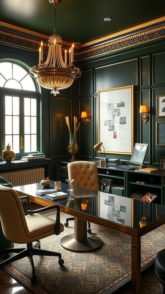 A luxurious dark green home office featuring Art Deco elements, including gold accents and a chandelier.