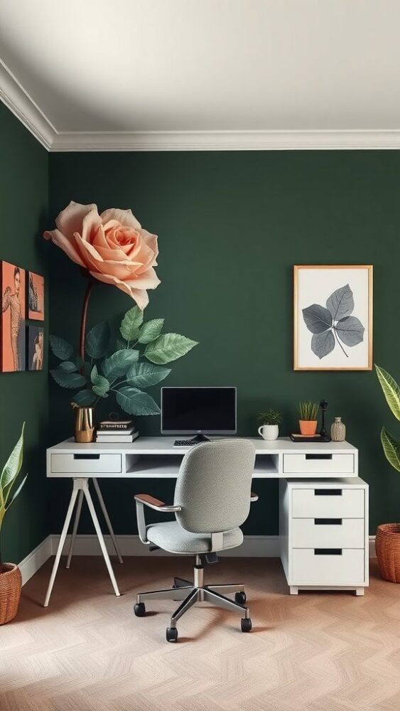 A stylish home office with dark green walls, featuring a large rose mural, modern desk, and decorative plants.