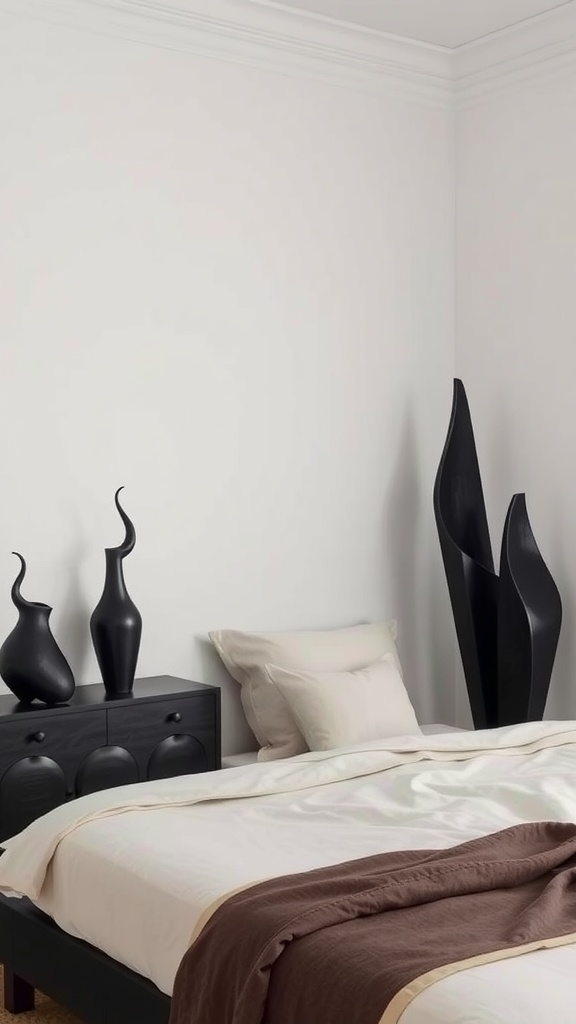 A modern bedroom with black sculptures on a dresser and a neatly made bed.