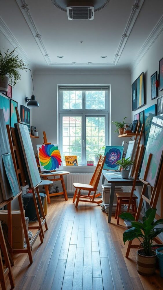 A bright artistic studio with easels, colorful artwork, plants, and a wooden chair.