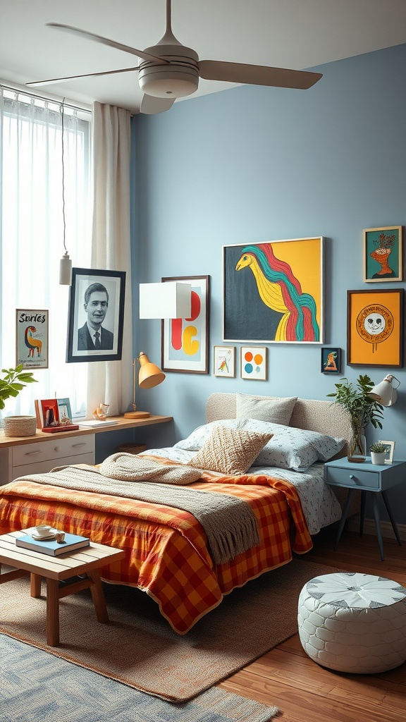 A creatively decorated male bedroom featuring colorful art, a comfortable bed, and a cozy atmosphere.