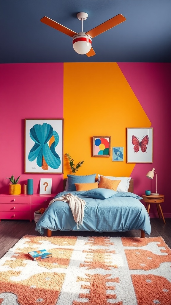 A vibrant bedroom with bold pink, orange, and blue colors, featuring playful artwork and a cozy bed