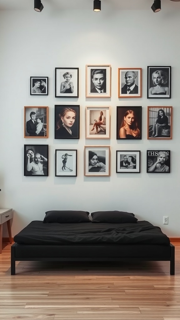 A black bed with a gallery wall of black-and-white framed portraits above it.