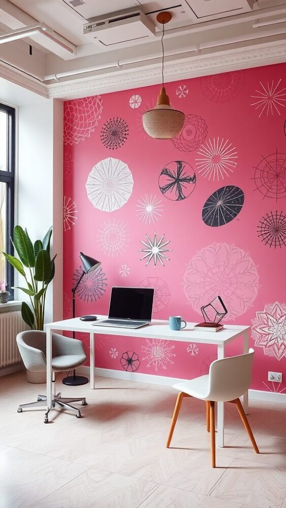 A stylish workspace featuring a pink accent wall with artistic designs, a white desk, and modern decor.