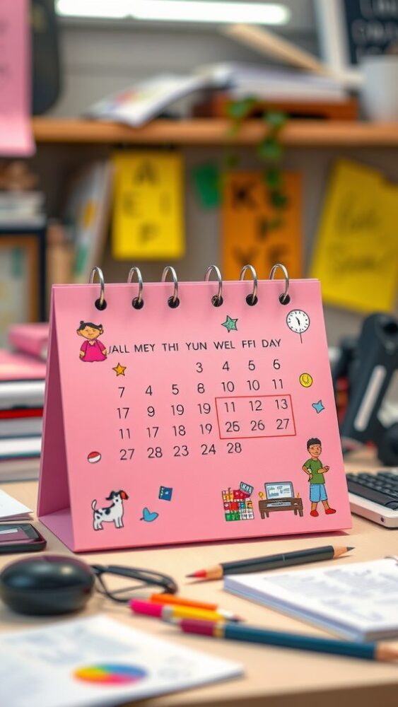 A pink desktop calendar with illustrations and a playful design, surrounded by office supplies.