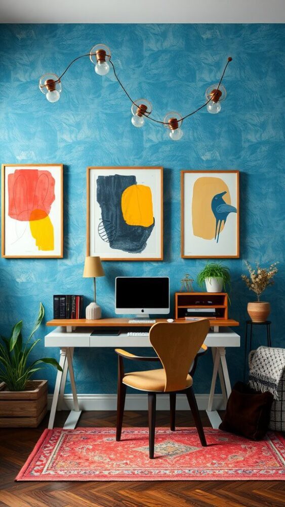 A bright home office featuring blue wallpaper, modern desk, and colorful artwork.