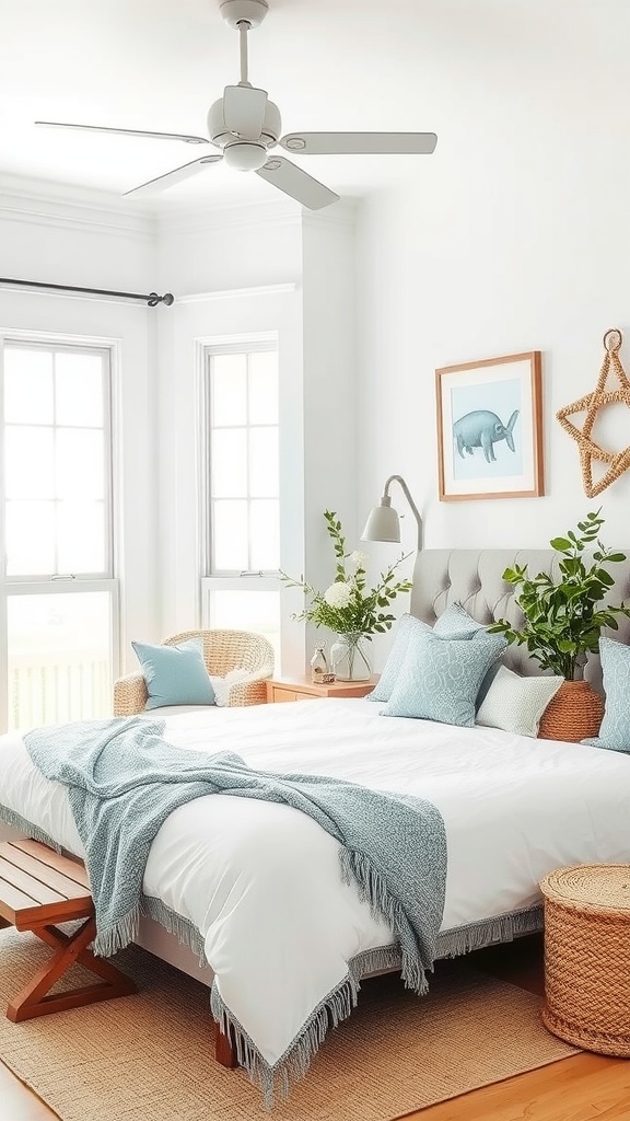 A beachy coastal themed bedroom featuring a white bed with blue accents, natural materials, and plants.