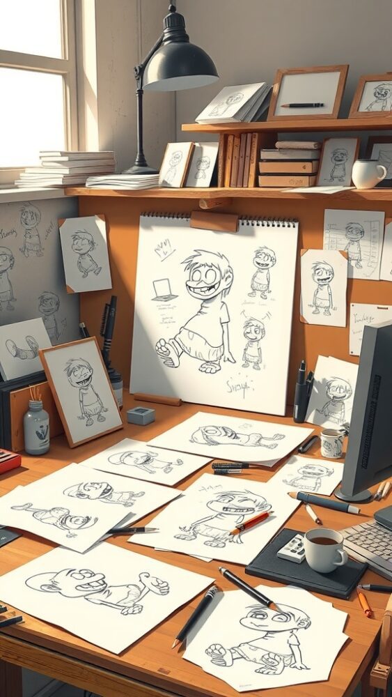 A cluttered artist's desk showing sketches of various ugly cartoon characters, complete with pens, papers, and a coffee cup.