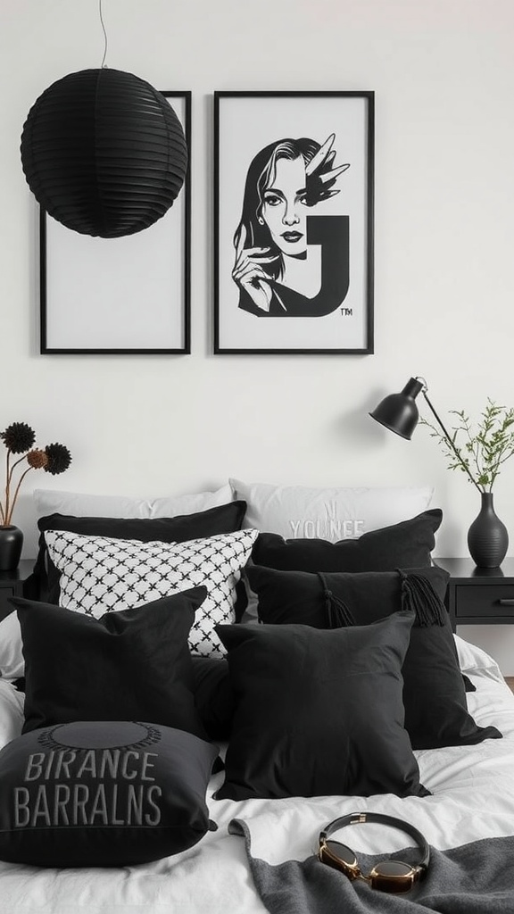 A stylish black-themed bedroom featuring pillows, artwork, and lighting.