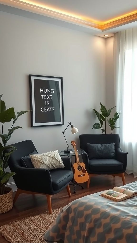 Cozy reading nook with black chairs, plants, and warm lighting