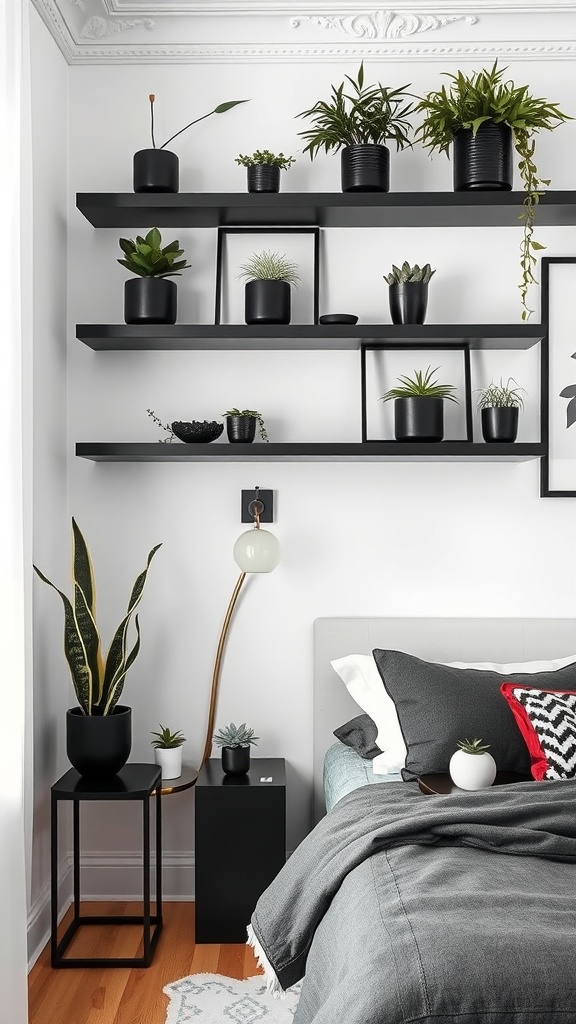 A modern bedroom featuring black-themed plant displays on wall-mounted shelves, with various pots and greenery.