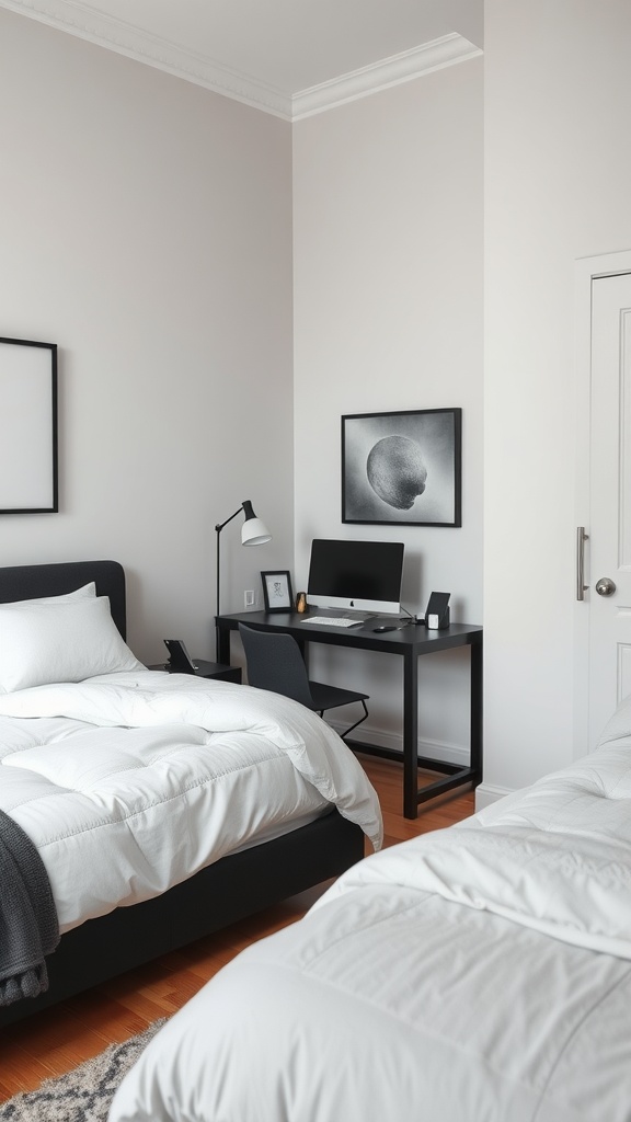 A black-themed workspace corner in a modern bedroom with a desk, lamp, and minimalist art.