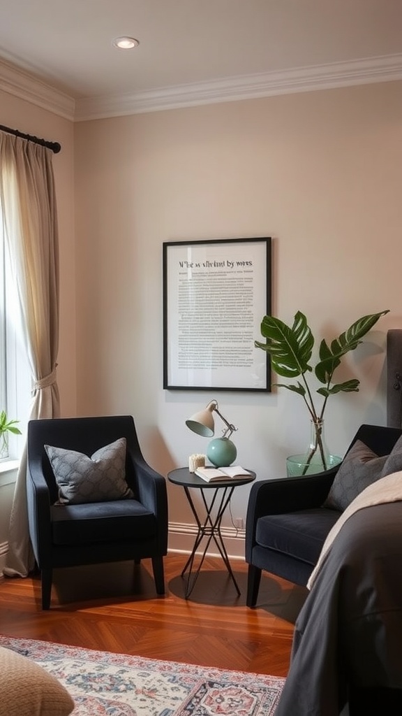 A cozy bedroom corner featuring two black accent chairs and a stylish side table.