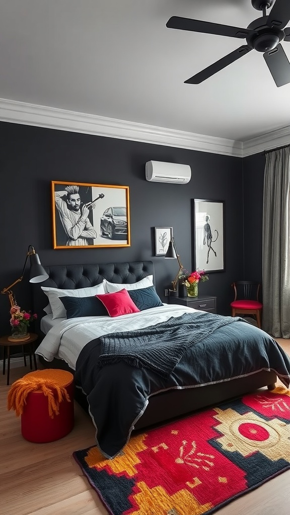 A stylish black bedroom with colorful accents featuring a black bed, vibrant pillows, and decorative artwork.