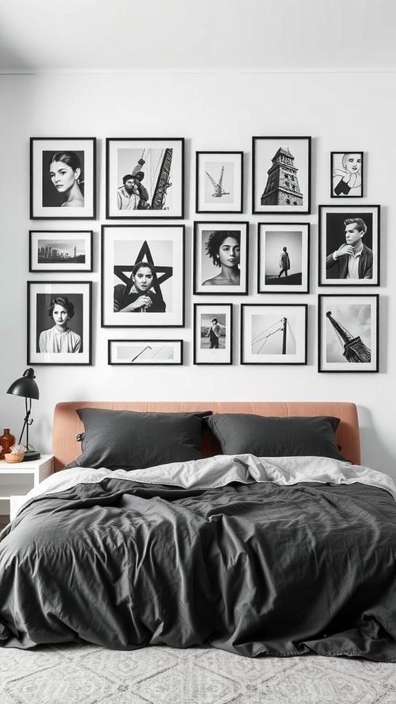 A stylish bedroom featuring a bed with dark bedding and a wall adorned with black and white photography in various frames.