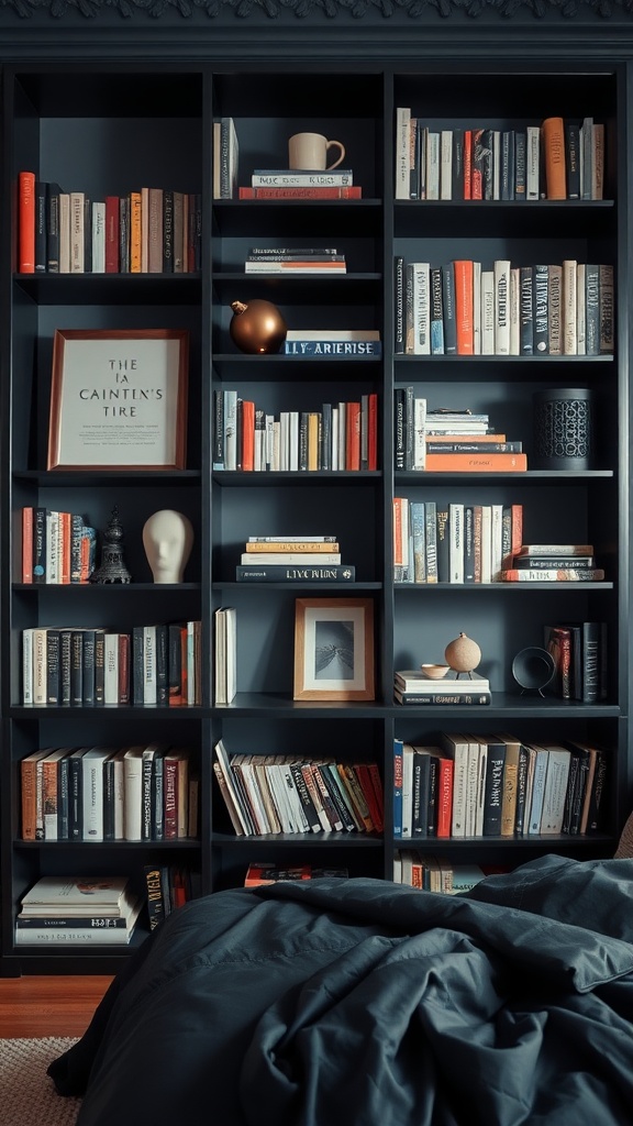 Black bookshelves filled with books and decorative items in a stylish bedroom setting.