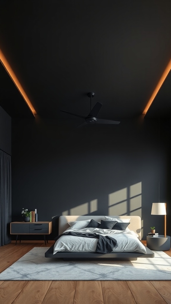 A modern bedroom featuring a black ceiling, warm lighting, and stylish furniture.