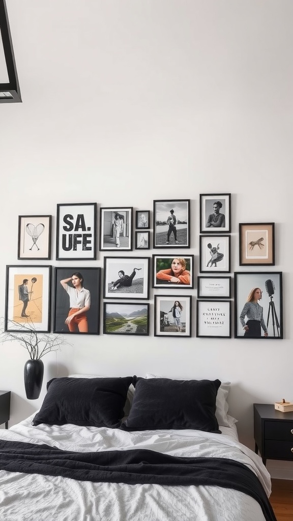 A black framed gallery wall with various photos and illustrations above a stylish bed.