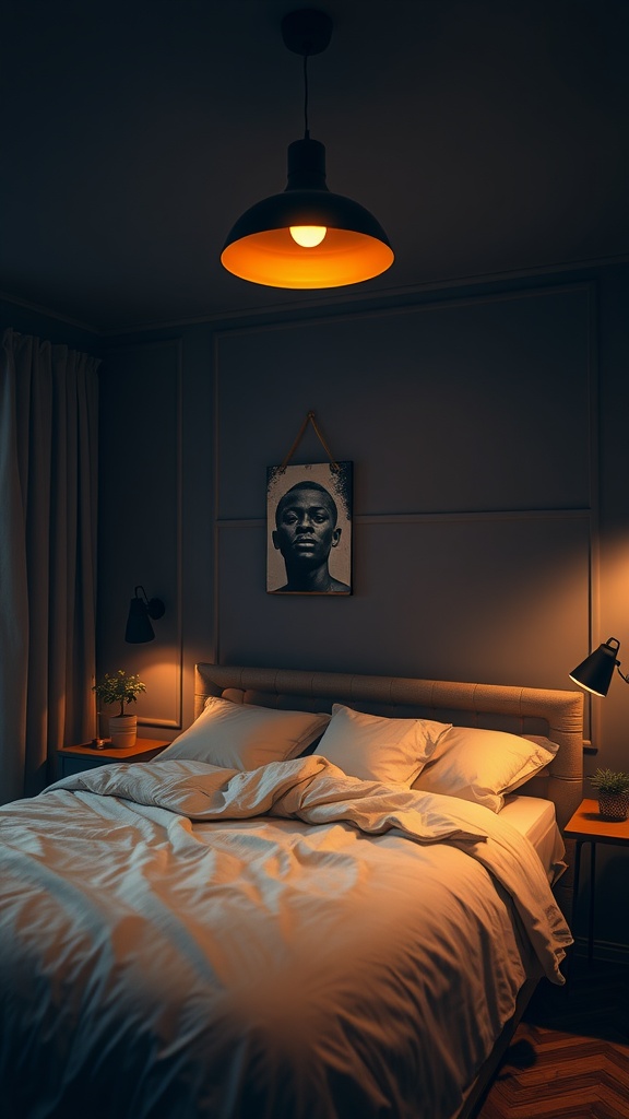 Cozy bedroom with black lighting and warm tones, featuring a pendant light and wall sconces.