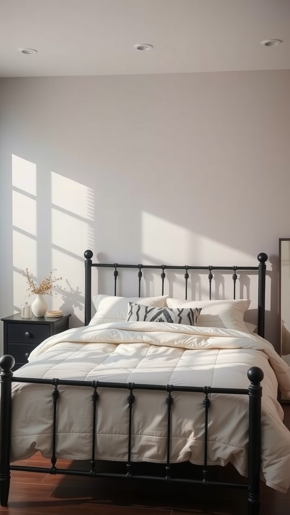 A cozy bedroom featuring a black metal bed frame with soft bedding and natural light.