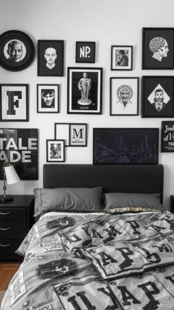 A stylish bedroom with black wall art featuring various framed pieces, a gray bedding set, and a sleek nightstand.