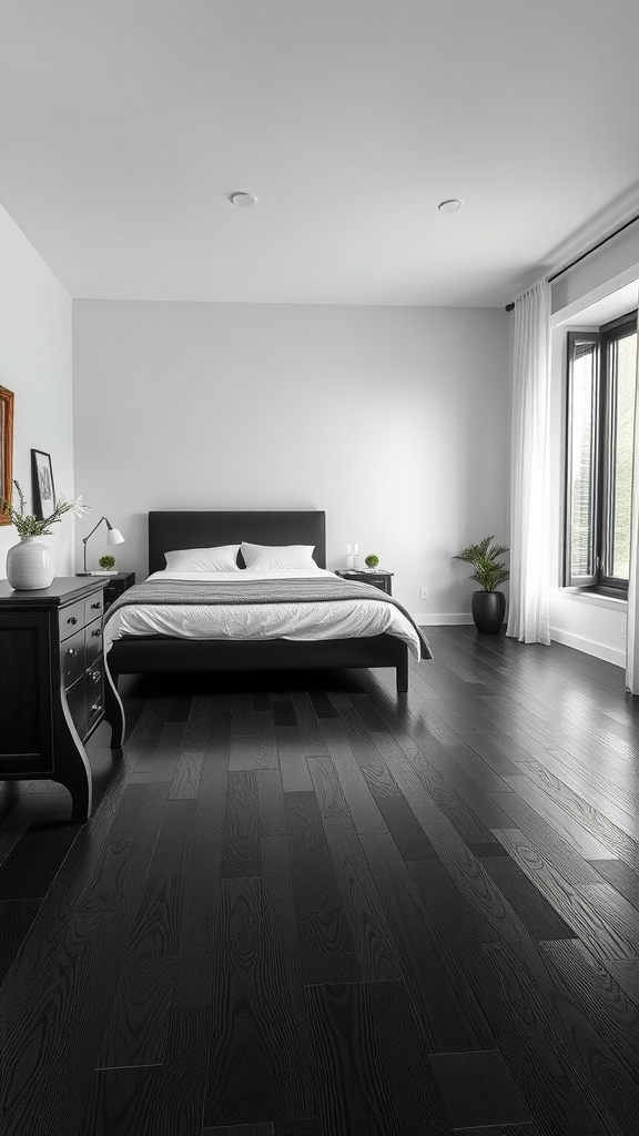 A modern bedroom featuring black wood flooring, light walls, and minimalistic decor.