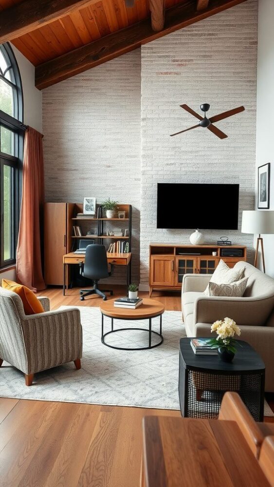 A modern rustic home office and TV room combo, showcasing wooden beams, a sleek desk, and cozy seating.