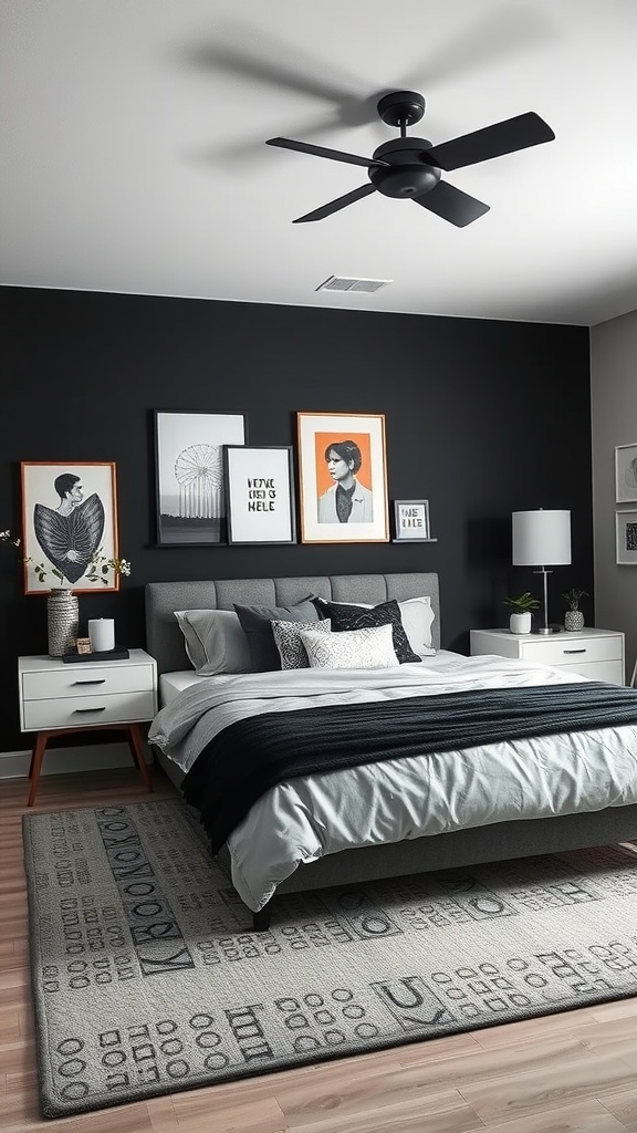 A modern bedroom featuring a bold black accent wall, gray bed, and stylish artwork.