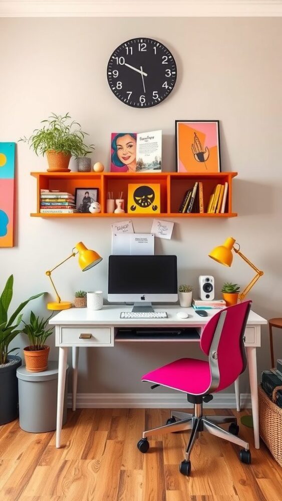 A colorful home office featuring a pink chair, white desk, yellow lamps, and an orange shelf with books and decor.