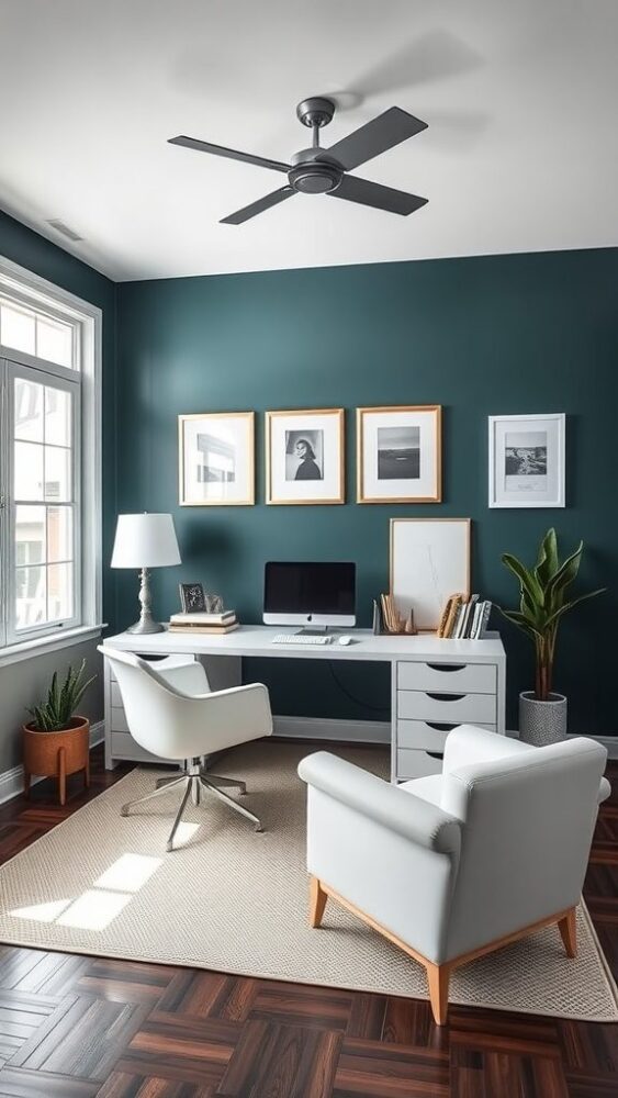 A modern home office featuring bold dark teal walls, white furniture, and framed artwork.