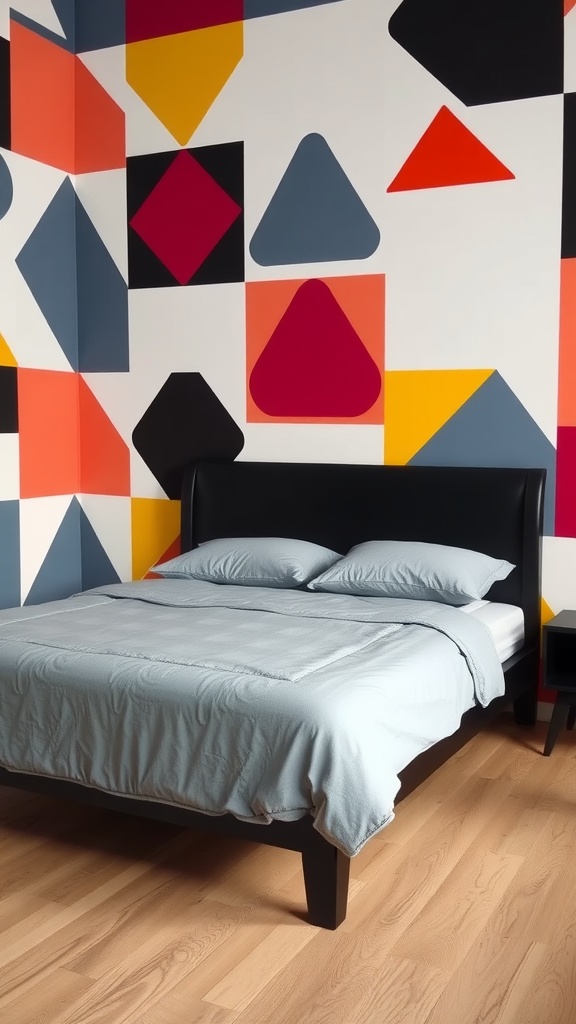 A bedroom featuring a black bed against a wall with bold geometric patterns in bright colors.