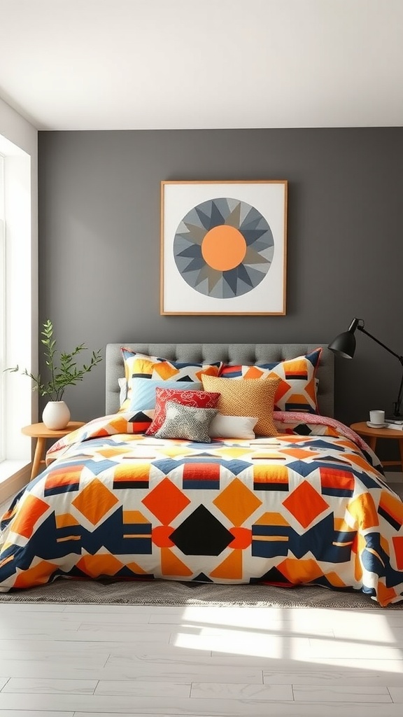 A stylish bedroom featuring bold geometric prints in orange, navy, and white on the bedding, complemented by various throw pillows and a dark gray wall.