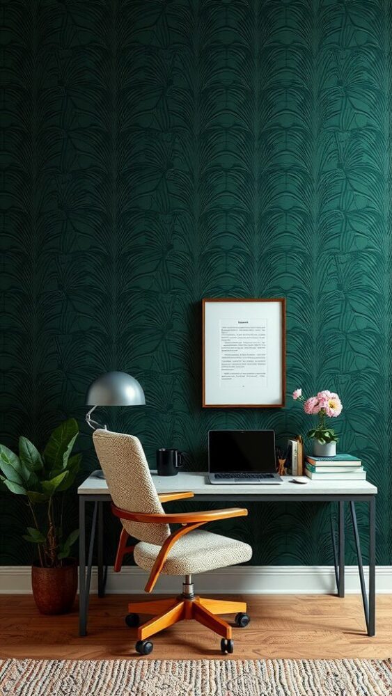 A home office featuring dark green patterned wallpaper with a modern desk and chair.