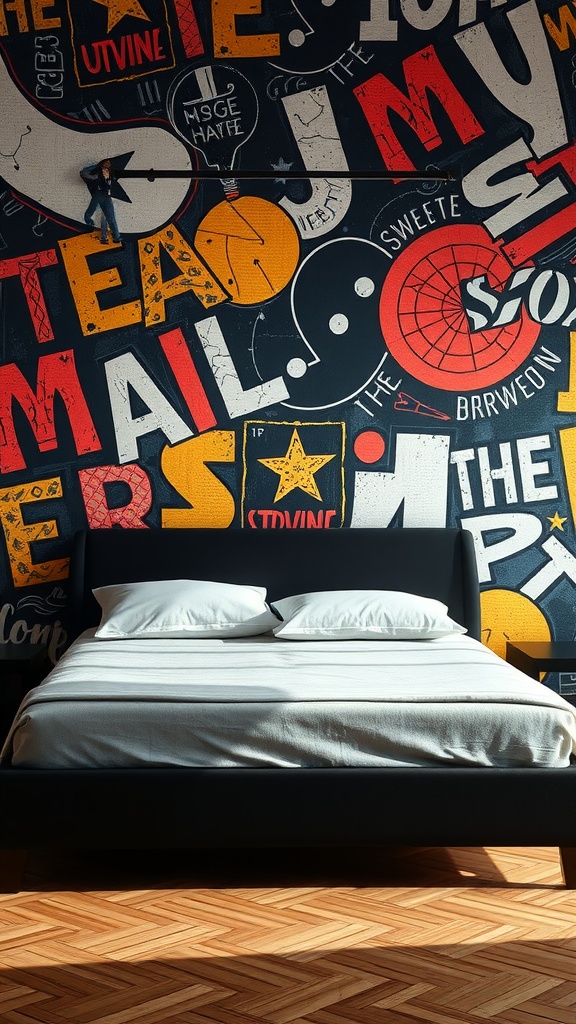 A bedroom featuring a black bed in front of a bold, colorful wallpaper with various graphics and text.