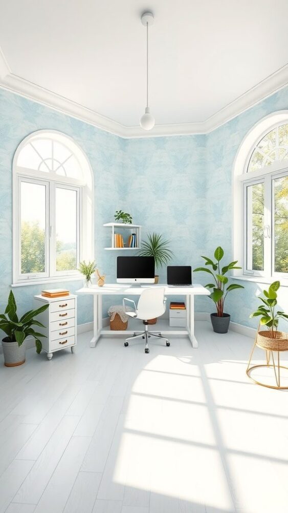 Bright and airy home office with blue wallpaper, large windows, white furniture, and indoor plants.