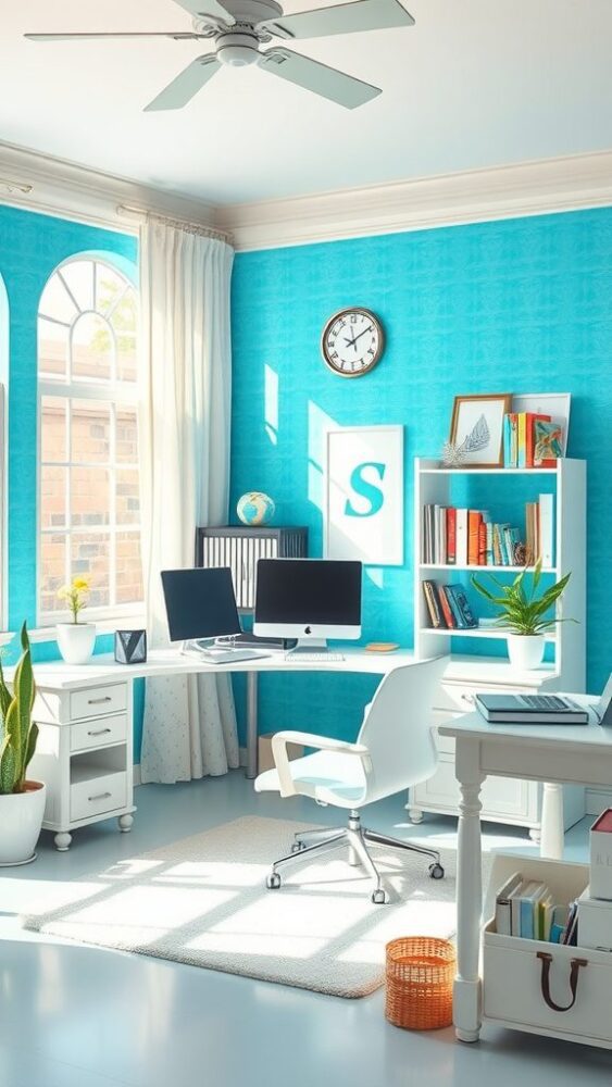 A bright home office with blue wallpaper and white furniture, featuring a modern desk setup and plants.