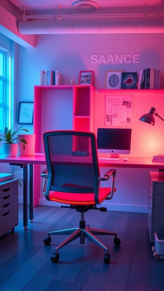 A bright neon chair in a modern home office setup with colorful lighting