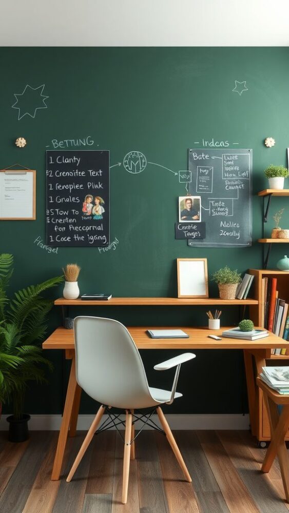 A home office featuring a dark green chalkboard wall with notes and ideas, a wooden desk, and plants.