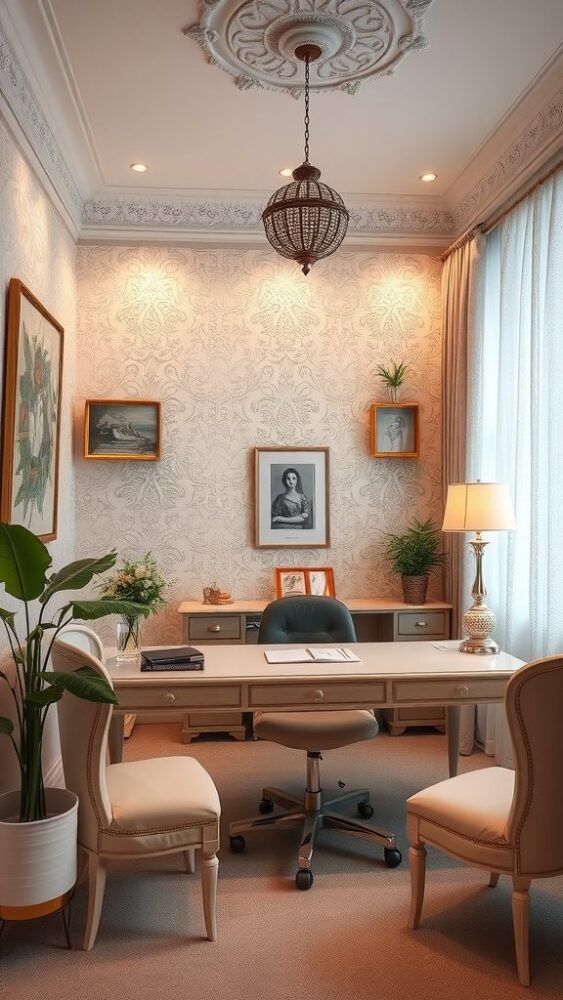 A feminine home office featuring Chantilly Lace wall color with elegant decor.