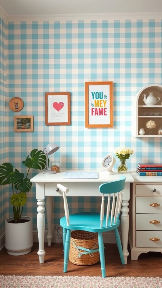 A cozy home office with blue checkerboard wallpaper, white desk, turquoise chair, and decorative wall art.