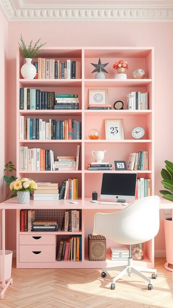 A stylish pink bookshelf filled with books, decorative items, and a workspace with a computer.