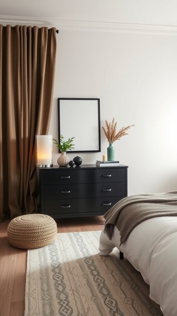 A chic black dresser in a modern bedroom with warm tones and decorative accents