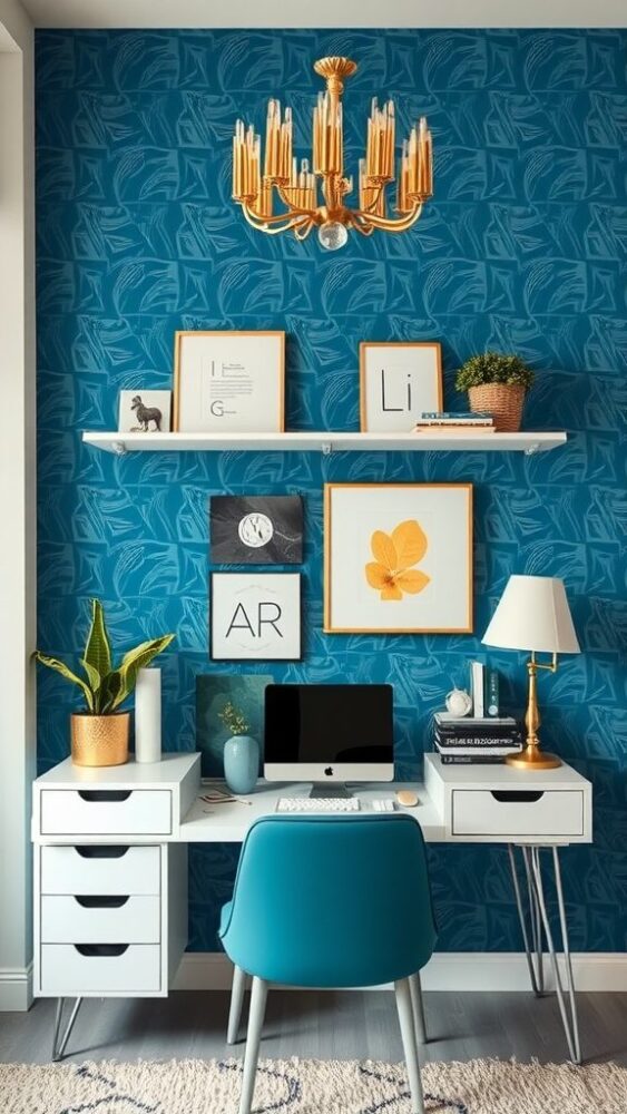 A modern home office featuring blue wallpaper, a gold chandelier, and a sleek white desk.