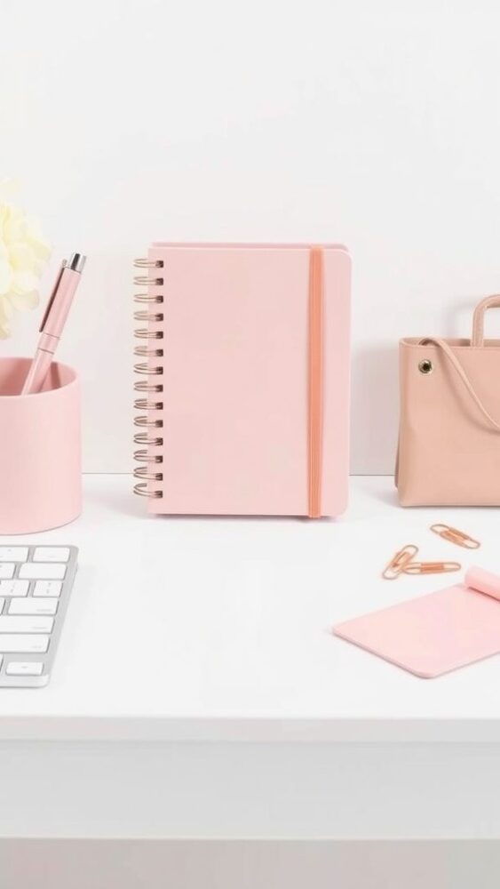 A chic workspace featuring blush pink desk accessories including a notebook, pen holder, and notepad on a clean desk.