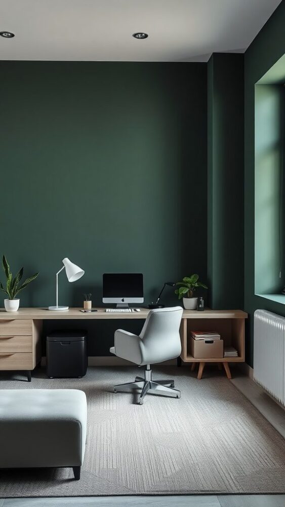 A chic minimalist home office featuring dark green walls, a wooden desk, and a comfortable chair.