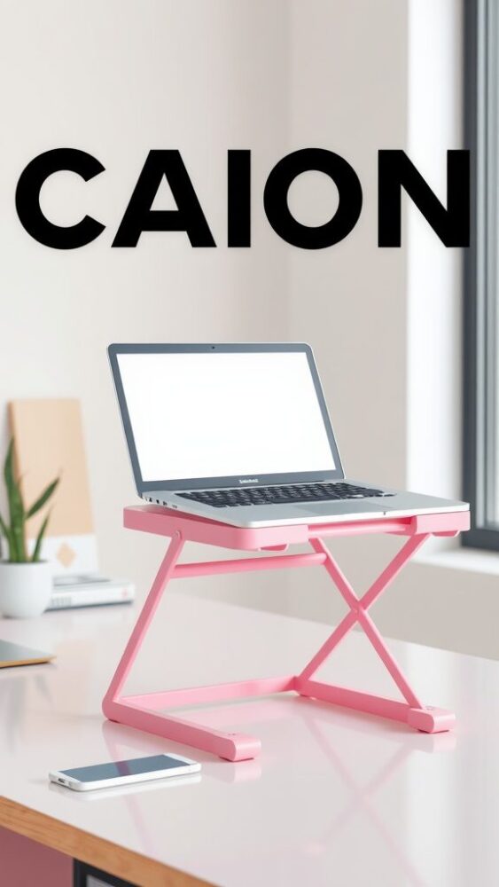 Stylish pink laptop stand with a laptop on it, alongside a smartphone and stationery.