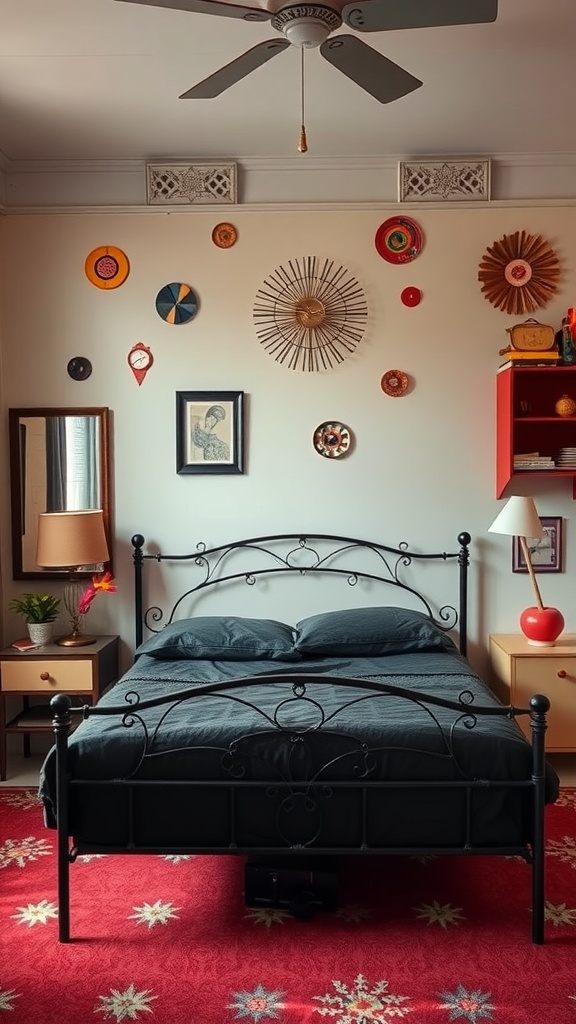 A stylish bedroom featuring a black bed, colorful wall art, and a red rug.